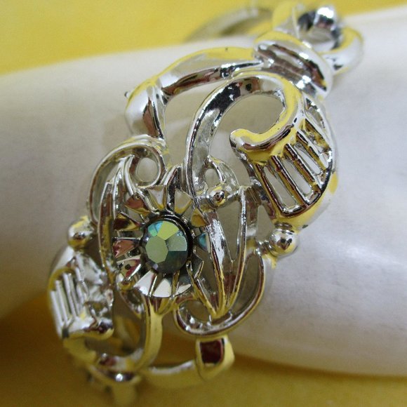 AB Rhinestone Silver Tone Bracelet Ornate Open Work Arora Borealis Rhinestone - Picture 3 of 11